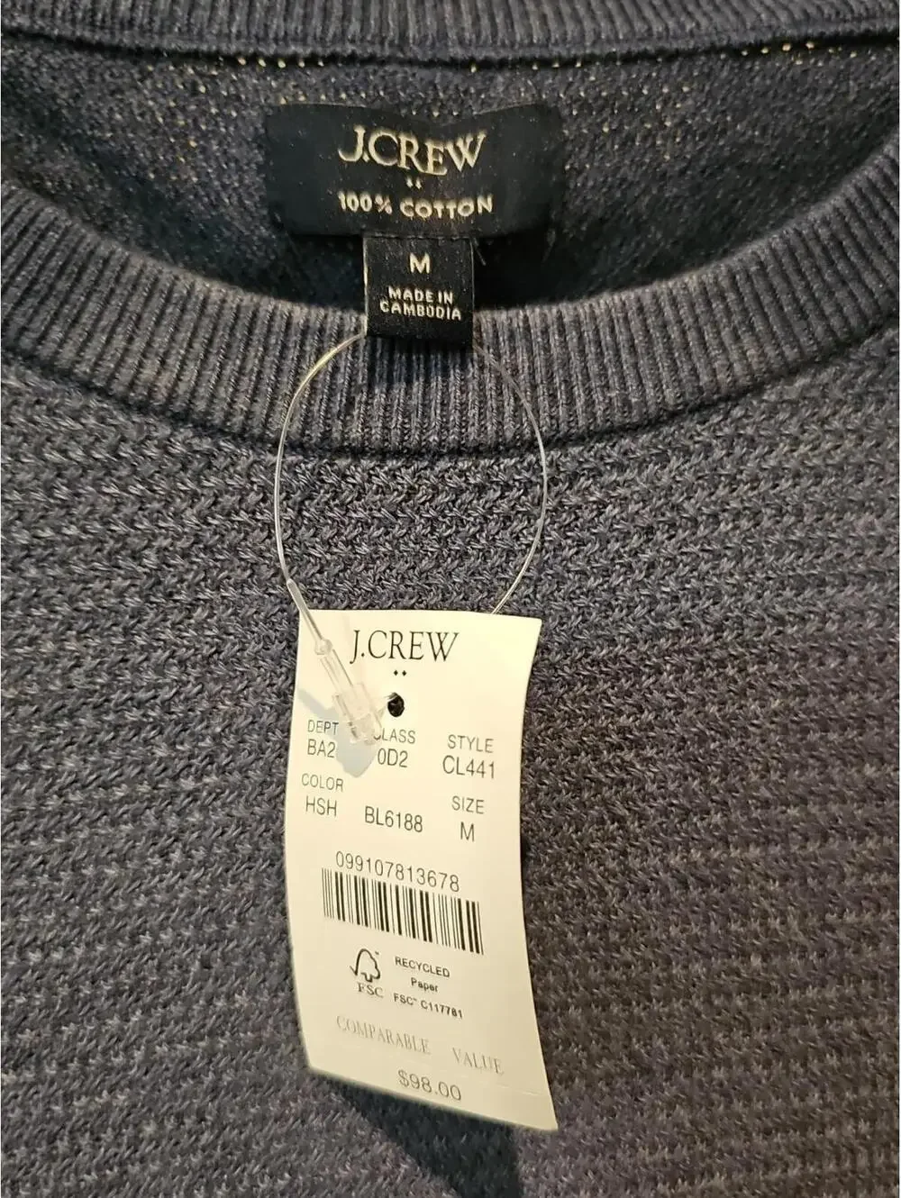 J.Crew Mens Navy Pullover Crew Neck 100% Cotton Long Sleeve Size M NWT  Ret $98